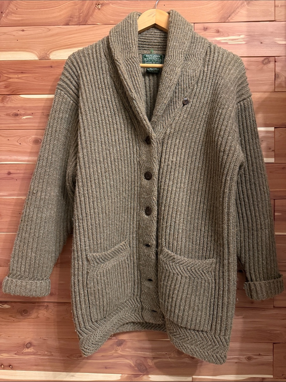Vintage Ralph Lauren Country Ribbed Shawl Collar Cardigan in Taupe